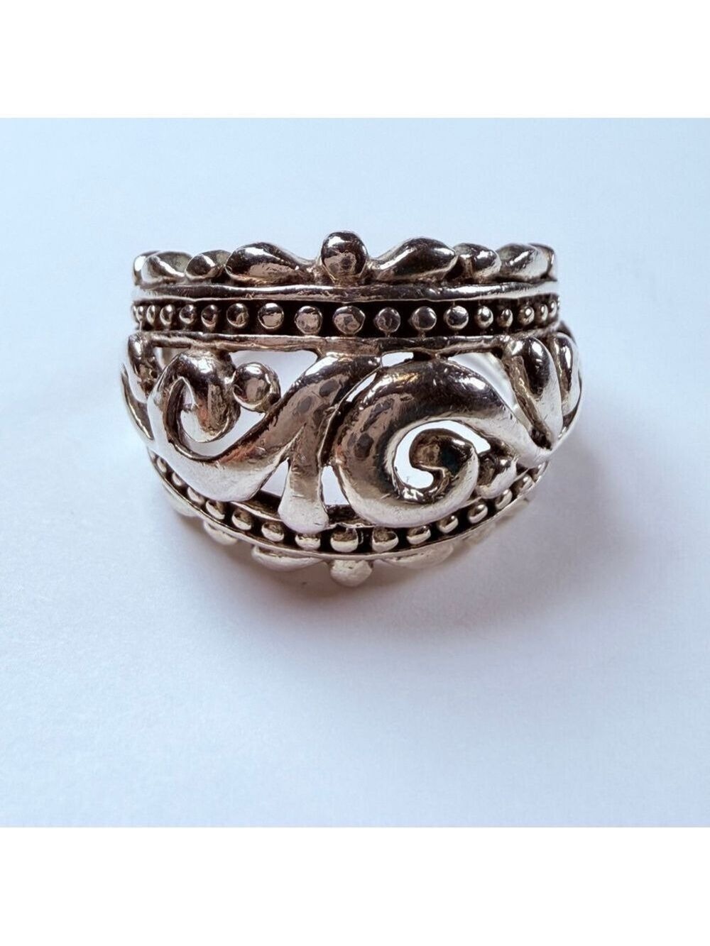 Dome Ornate Scroll & Filigree Dotted 925 Sterling Silver 16.5mm Vintage Ring